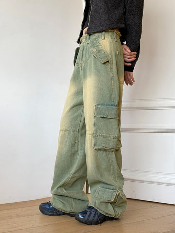 All Teen Vintage Yellow Washing Pocket Cargo Fringe Denim Long Wide Pants